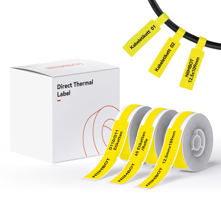 NIIMBOT Thermo Kabeletiketten, 12.5 x 109mm Etikettendrucker Thermo Papier Kompatibel mit dem D110 D