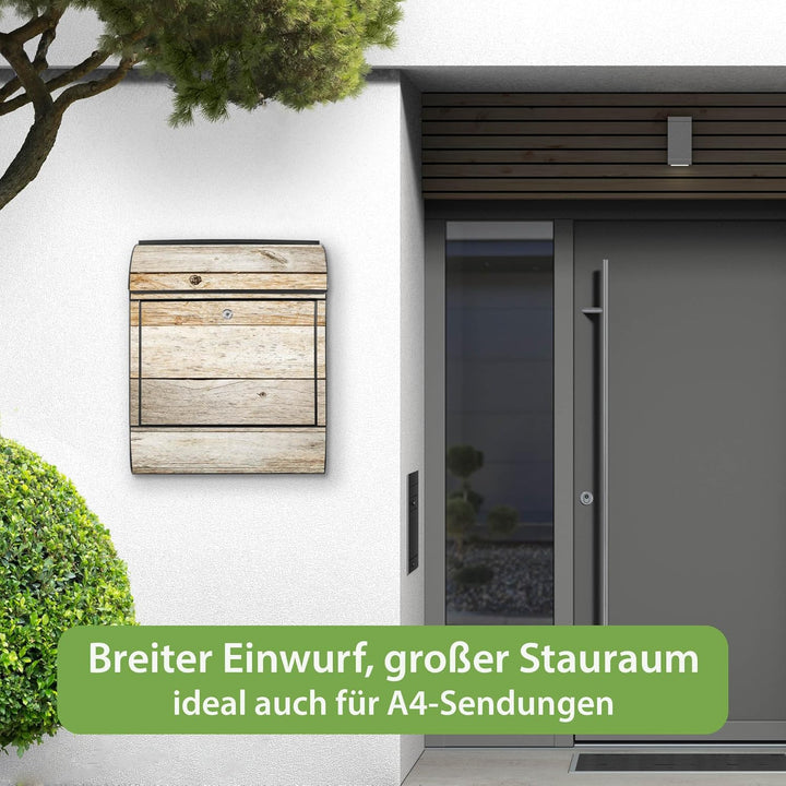 banjado® Design Briefkasten mit Motiv Graues Holz 39x47x14cm &amp; 2 Schlüssel - Briefkasten Stahl schwa