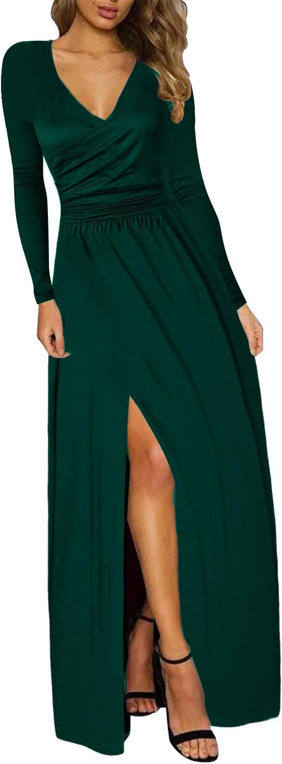 Damen Kleid 2.0 Elegant Langarm V-Ausschnit Tunika Maxikleider Casual Hohe Taille Saumschlitz Cockta