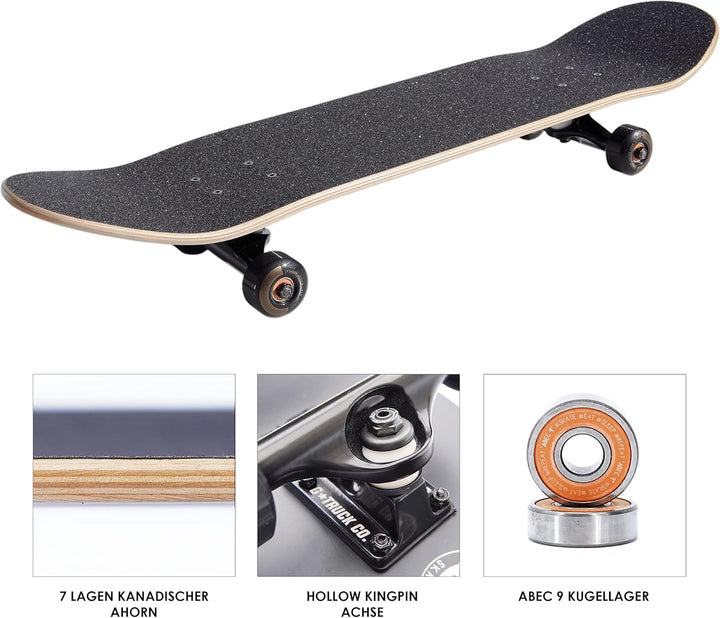 Komplett Skateboard von BTFL, ABEC 9 Kugellager, kanadischer Ahorn + Cooles Griptape, 8.125“ Board f