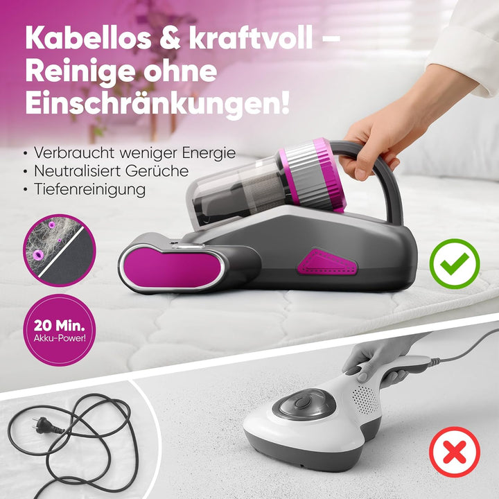 Milbensauger für Matratzen [UV-Licht 99,9% Milbenentfernung] 9600 Pa Kabellos 2600 mAh Warmluft Matr