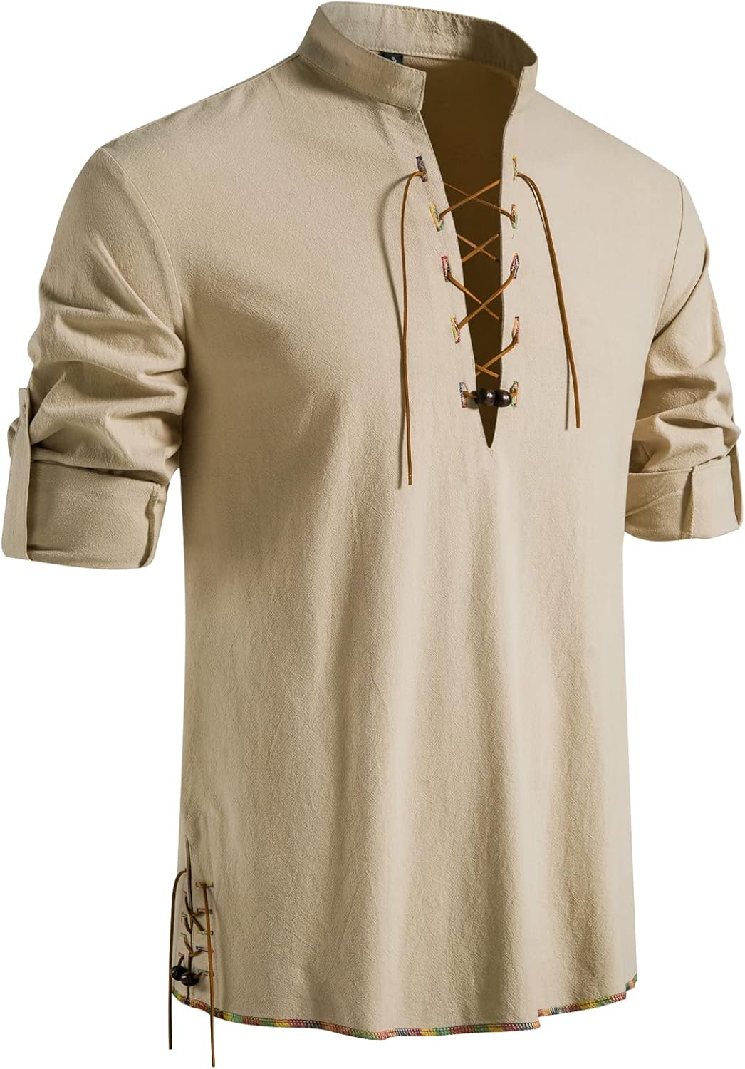 LucMatton Herren-Kostüm mit Schnürung, Baumwolle, mittelalterliches Vintage-Kostüm Khaki-a L, Khaki-