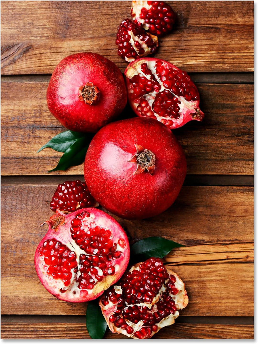 wandmotiv24 Obst & Gemüse als Leinwandbild, 100x75cm, Hochformat, Granatapfel, Holztisch, Küche, Leb