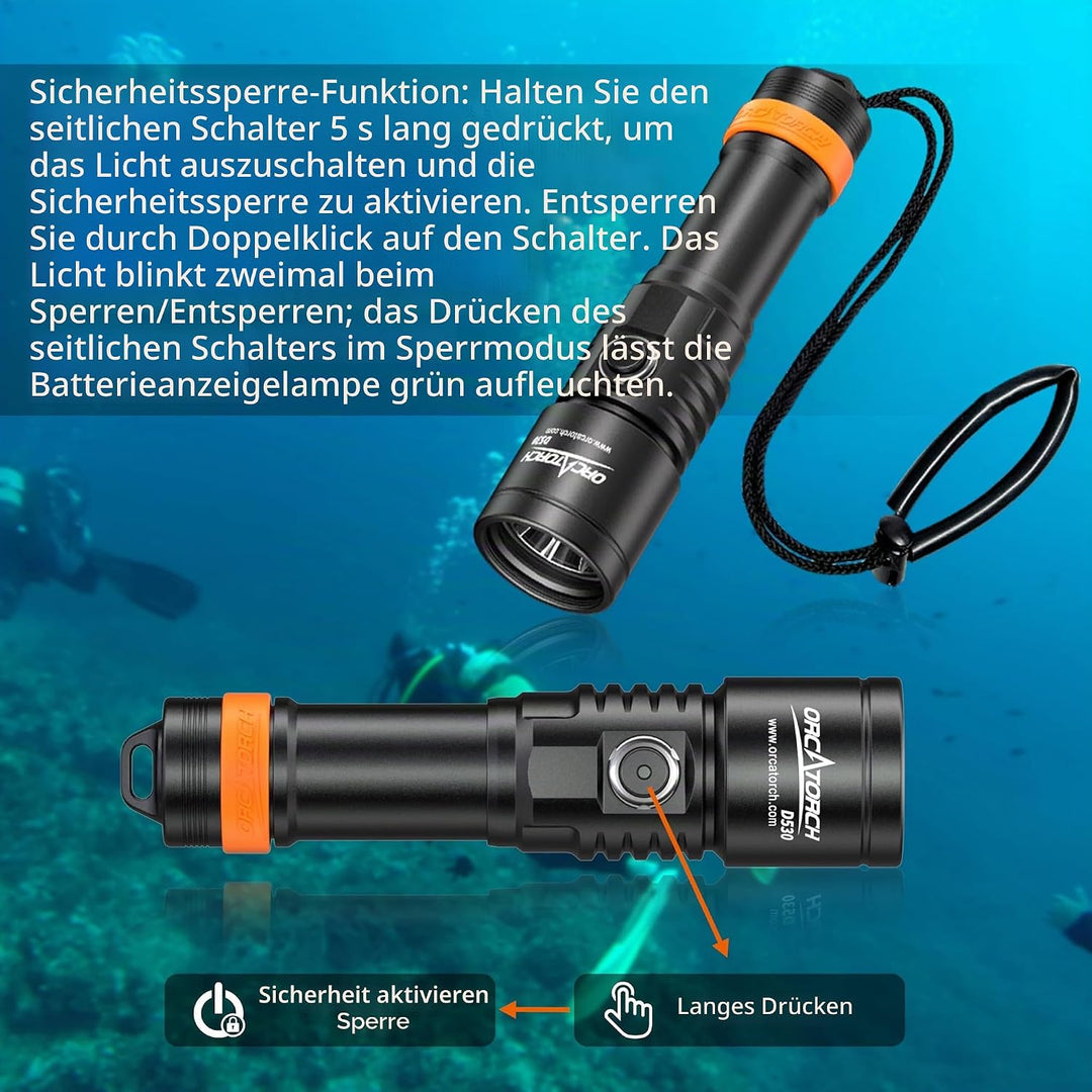 ORCATORCH D530 Tauchlicht, 1300 Lumen, 8 Grad schmaler Abstrahlwinkel, Titanlegierung, Seitenknopfsc