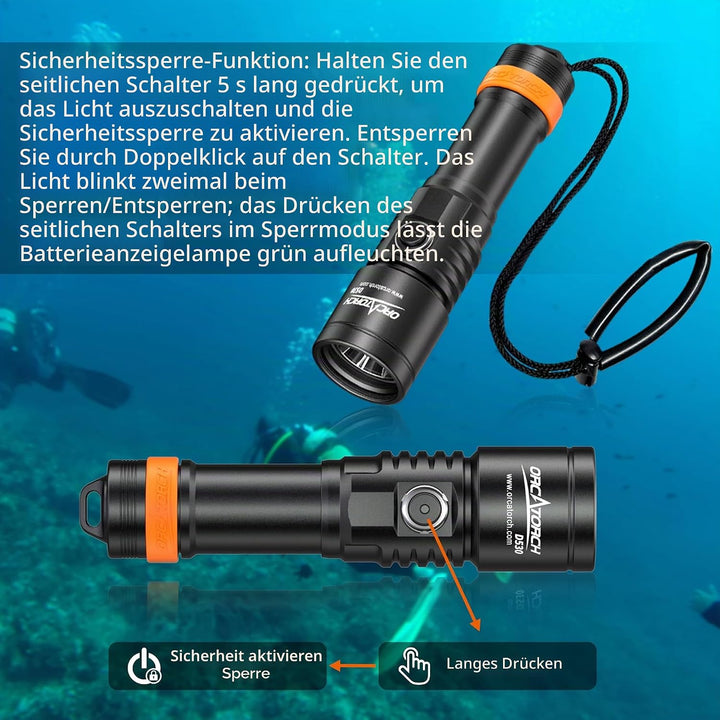ORCATORCH D530 Tauchlicht, 1300 Lumen, 8 Grad schmaler Abstrahlwinkel, Titanlegierung, Seitenknopfsc
