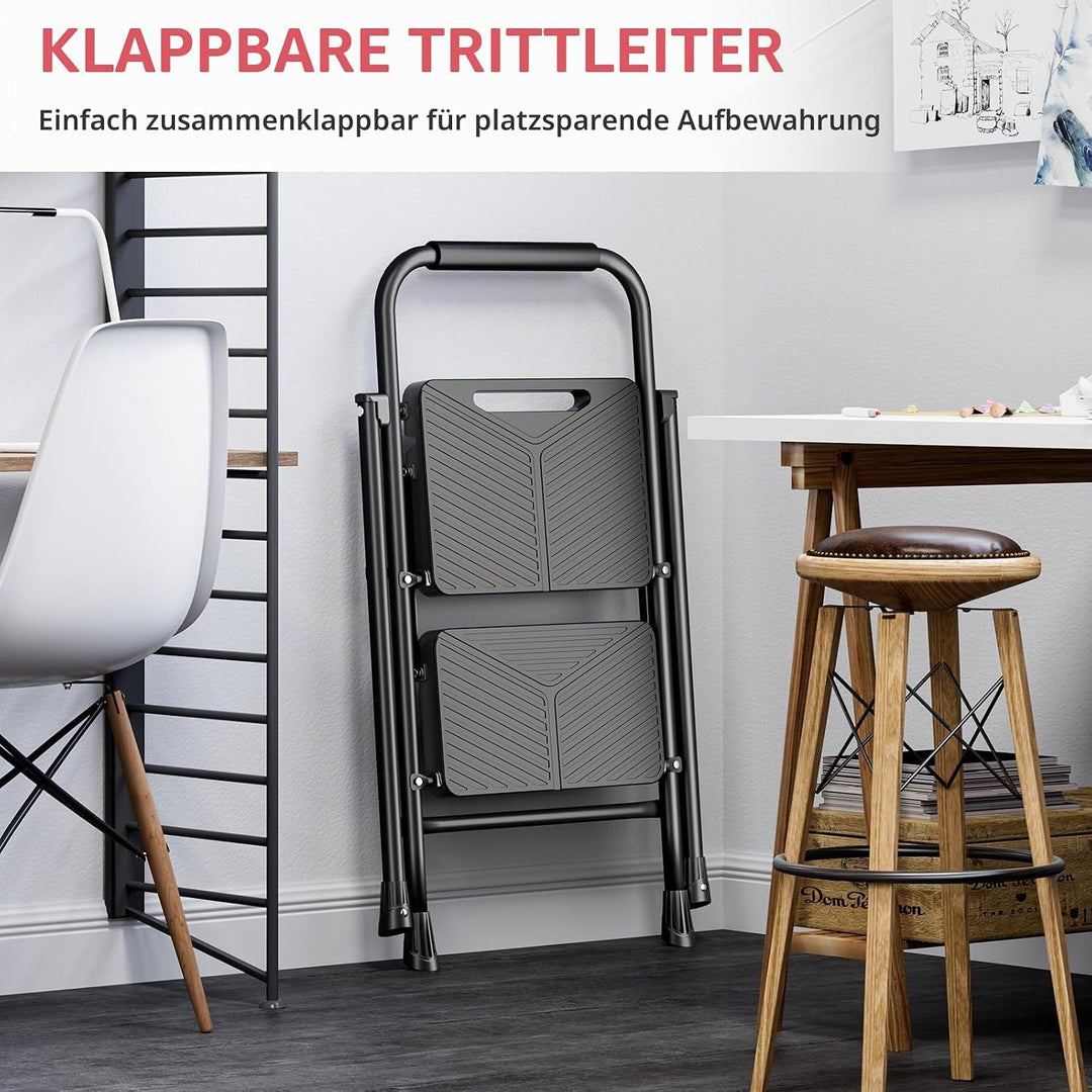 KINGRACK Trittleiter 2 Stufen Klappbar mit Sicherheitsschloss, Anti-Rutsch-Stabilem Klappleiter Trit