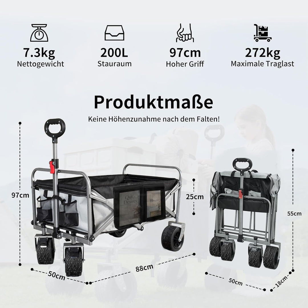 Bollerwagen Faltbar – Tragkraft 272 kg, mit Bremsen, Getränkehalter, Verstellbarem Griff, All Terrai