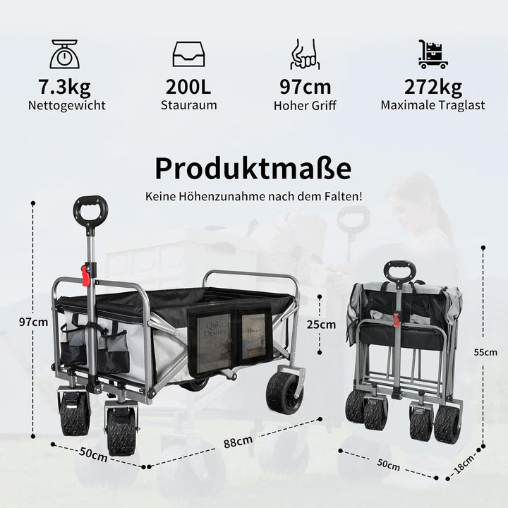 Bollerwagen Faltbar – Tragkraft 272 kg, mit Bremsen, Getränkehalter, Verstellbarem Griff, All Terrai