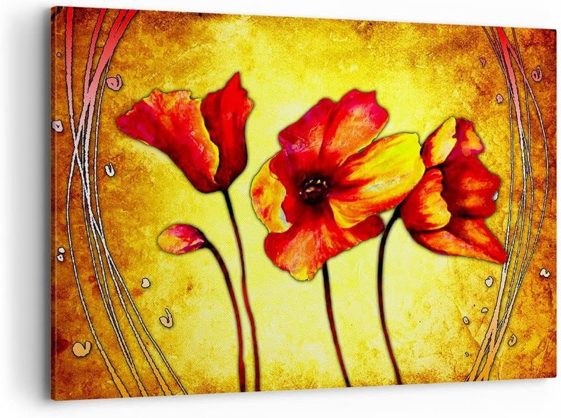 Bilder auf Leinwand 100x70cm Leinwandbild Blumen Schilder Stiel Linien Gross Wanddeko Bild Schlafzim