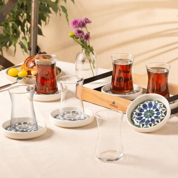 KARACA Roman 12 tlg. Keramik Teeset 10 cm - Elegantes Tee Service-Set mit 6 Teegläsern und 6 Teetell