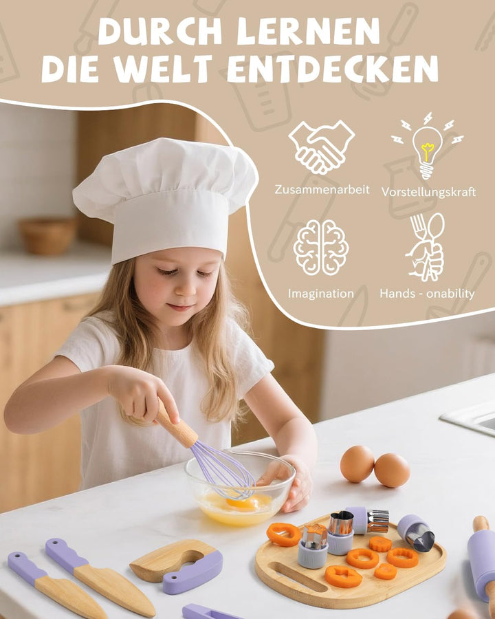 Kindermesser Set – 15-teilig mit sicherem Kiddikutter, Holzmesser Schneidebrett – Montessori Küchens