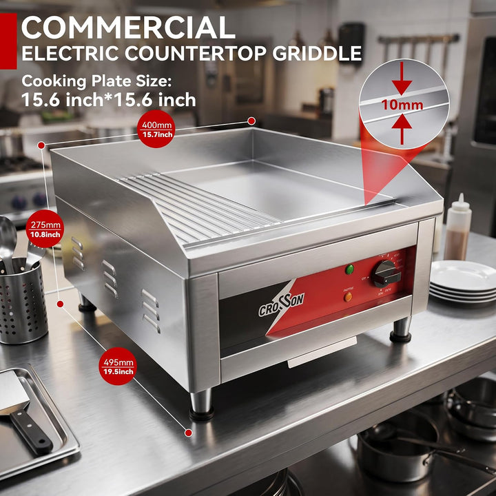 CROSSON Profi Gastro Grillplatte Elektrisch mit halb glatter und halb gerillter Grillfläche (40 x 40