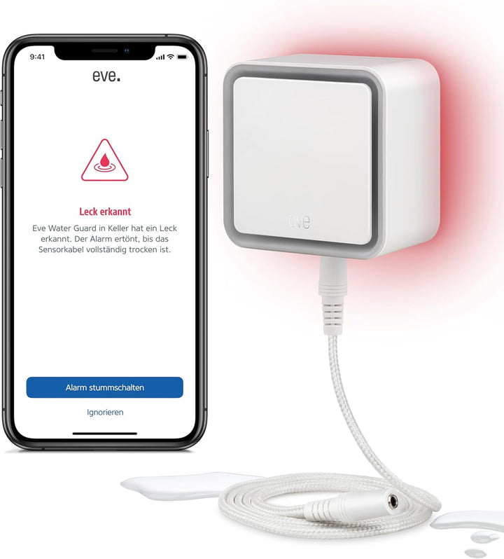 Eve Water Guard - Smarter Wassermelder, 2m Sensorkabel (verlängerbar), 100dB, Wasseralarm auf iPhone
