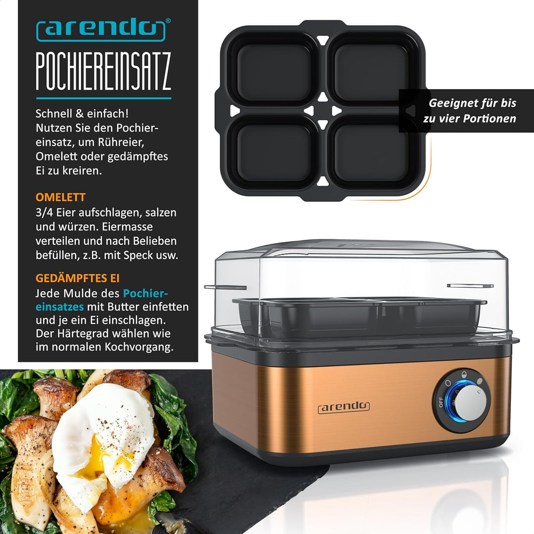 Arendo - Eierkocher Edelstahl für 1 bis 8 Eier - Egg Cooker - 500 W – Kontroll Leuchte – Drehregler