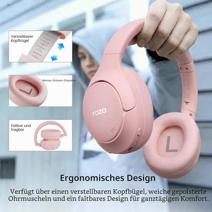 TOZO HT3 Adaptive Hybrid-Kopfhörer mit aktiver Geräuschunterdrückung, kabellos, Rosa Over Ear Kopfhö