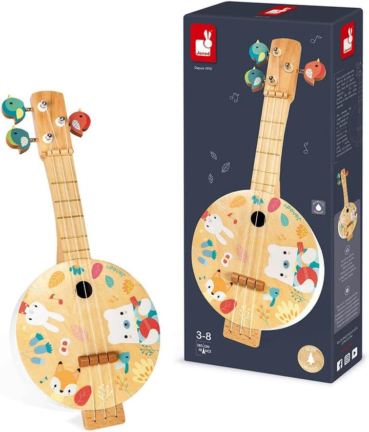 Janod - Pure Banjo - Holz Musikinstrument für Kinder mit Hübschen Illustrationen - Stimmschlüssel in
