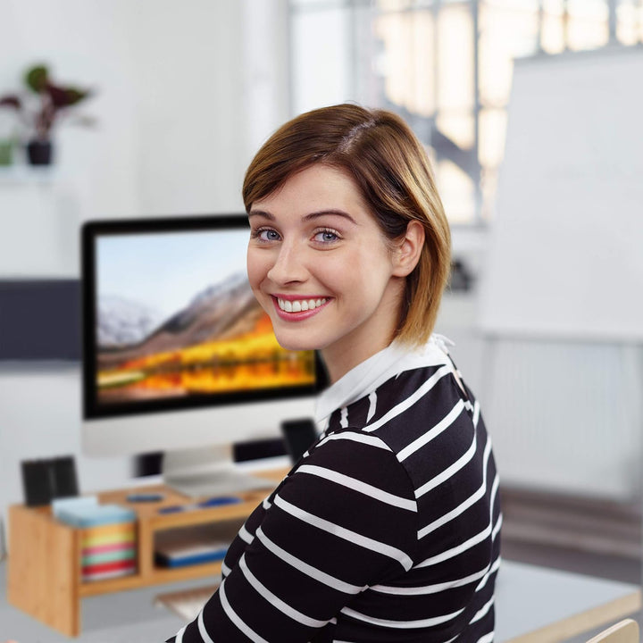 Relaxdays Monitorständer, 14 Fächer, 15x65x28 cm, Natur & Schreibtisch-Organizer: 21x20x13cm Ablages