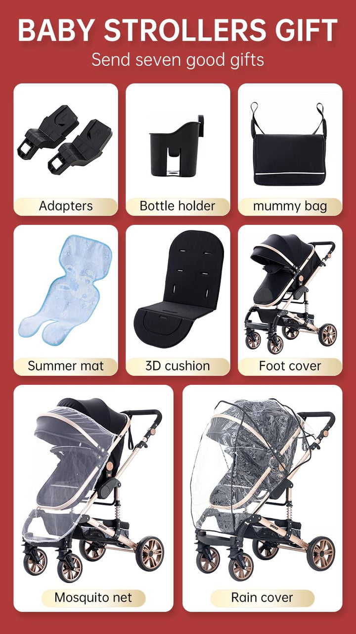 GLOKID Kinderwagen 3 in 1,Reisesysteme, Babywanne Buggy,Voll-Gummireifen,Mit Einem Klick Zusammenkla
