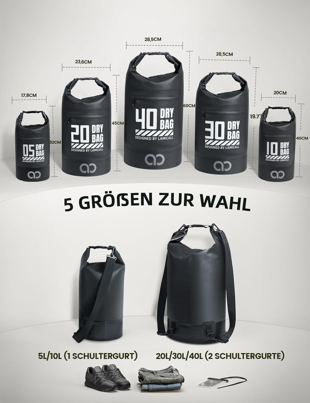 Lamicall Dry Bag, wasserdichte Tasche Beutel, Wasserfester Rucksack Drybag | [Robust &amp; Kratzfest] 5L
