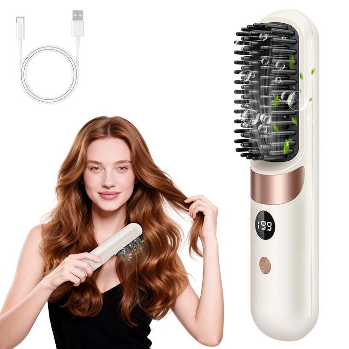 LOPHE Glättbürste, 2 in 1 Haarglätter Bürste mit LED Display, Hair Straightener Kabellos und Verbrüh
