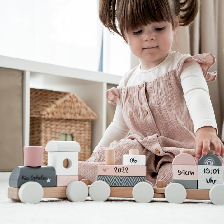 Personalisierte Holzeisenbahn rosa – Personalisierte Geschenke Baby | Steckspielzeug | Geschenk zur