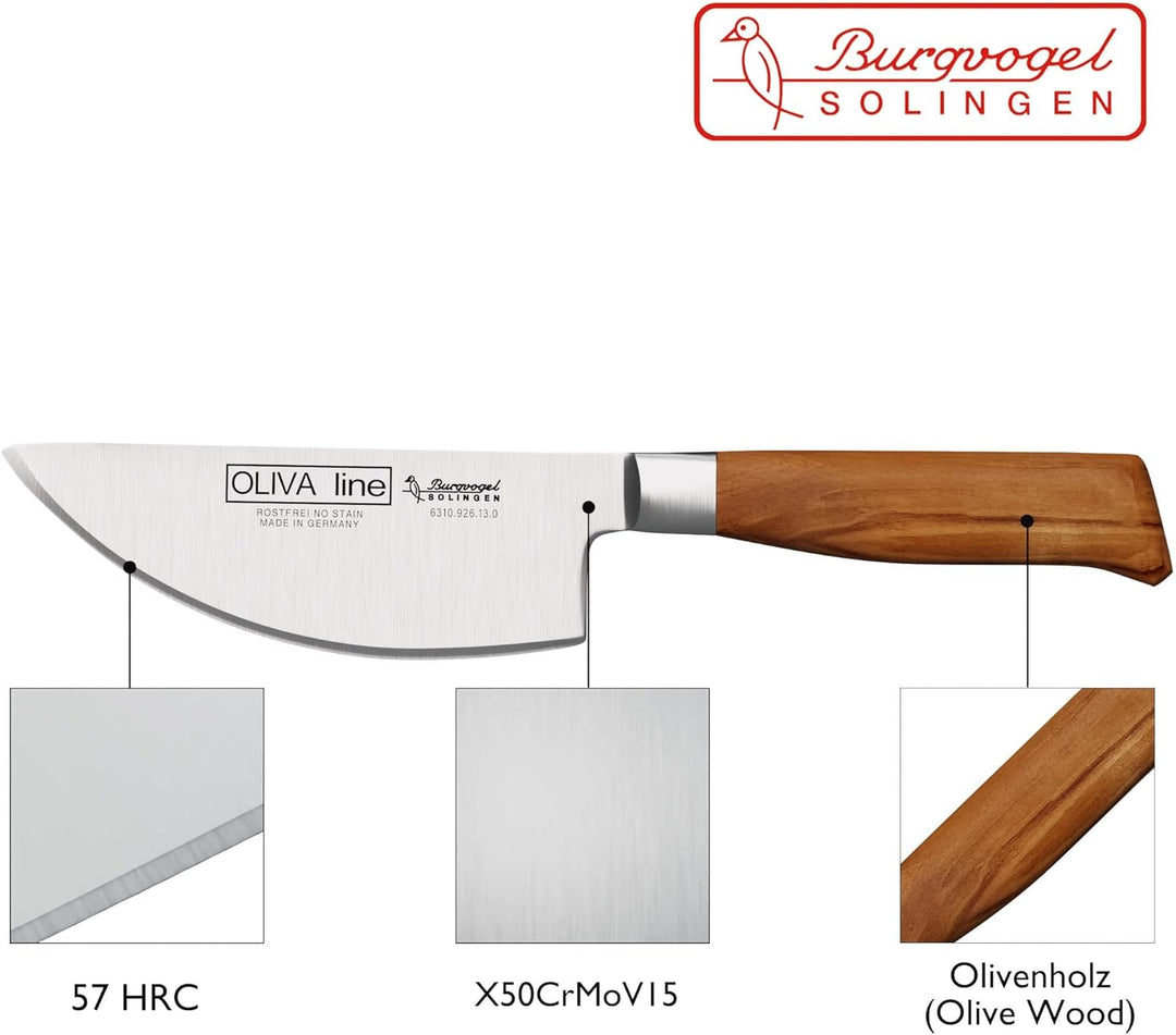 Burgvogel Solingen Kräutermesser 13 cm geschmiedet Olivenholz, Oliva Line, rostfrei, hell, scharf Br