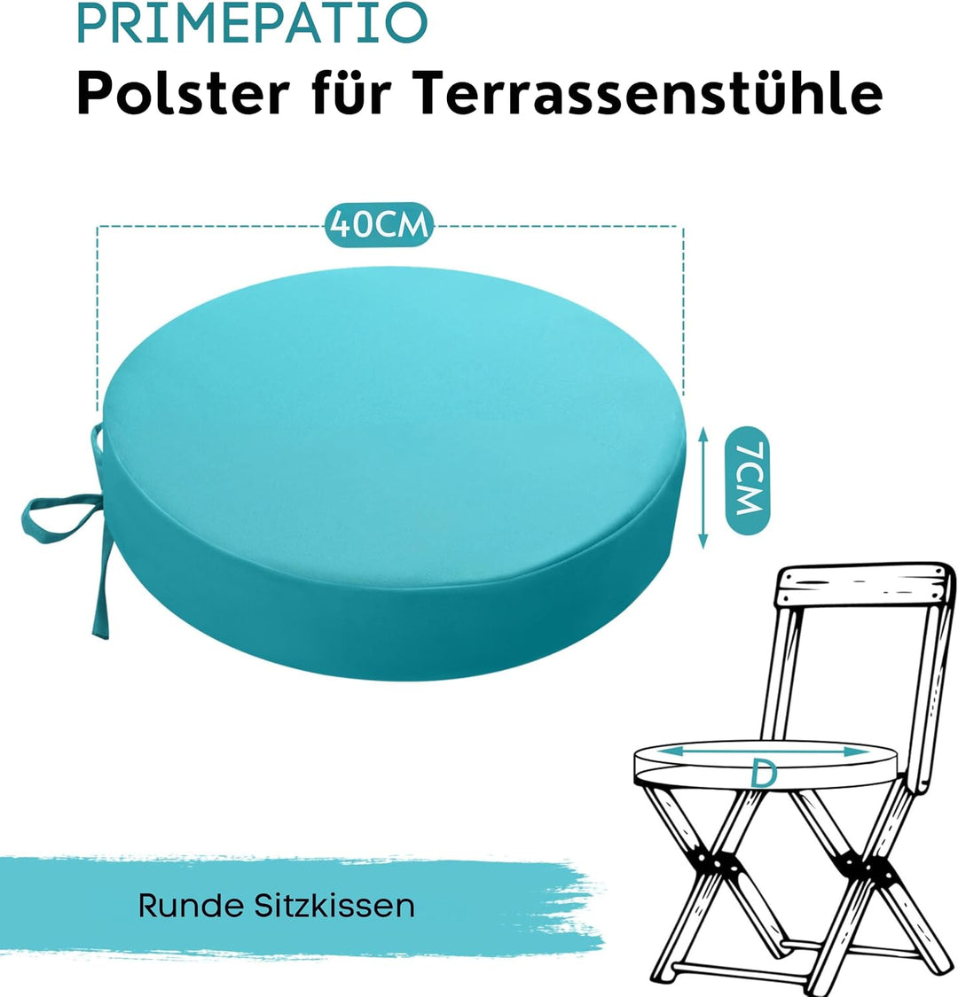 Outdoor Sitzkissen Rund 40x40, 2er Set Wasserdicht, Himmelblau | Rundes Gartenstuhl Polster mit Bänd