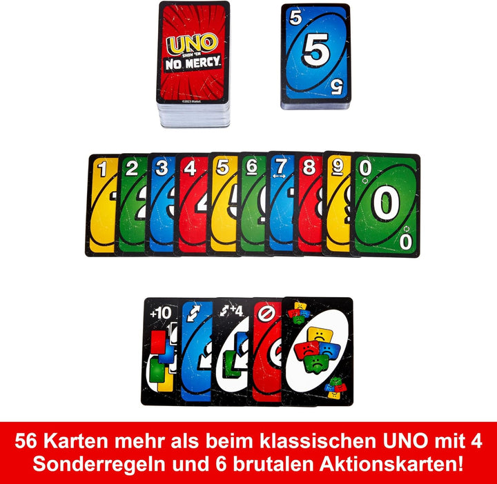 Mattel Games UNO No Mercy Kartenspiel in Einer Aufbewahrungsdose zum Mitnehmen für Kinder, Erwachsen