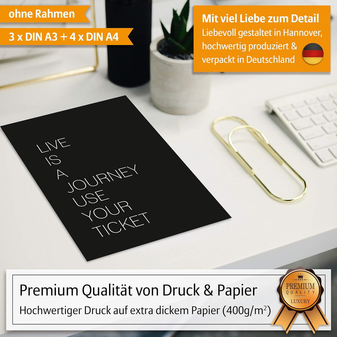 Hyggelig Home Premium Poster Set - 7 harmonische Line Art Bilder - Tiere schwarz weiss Strichzeichnu