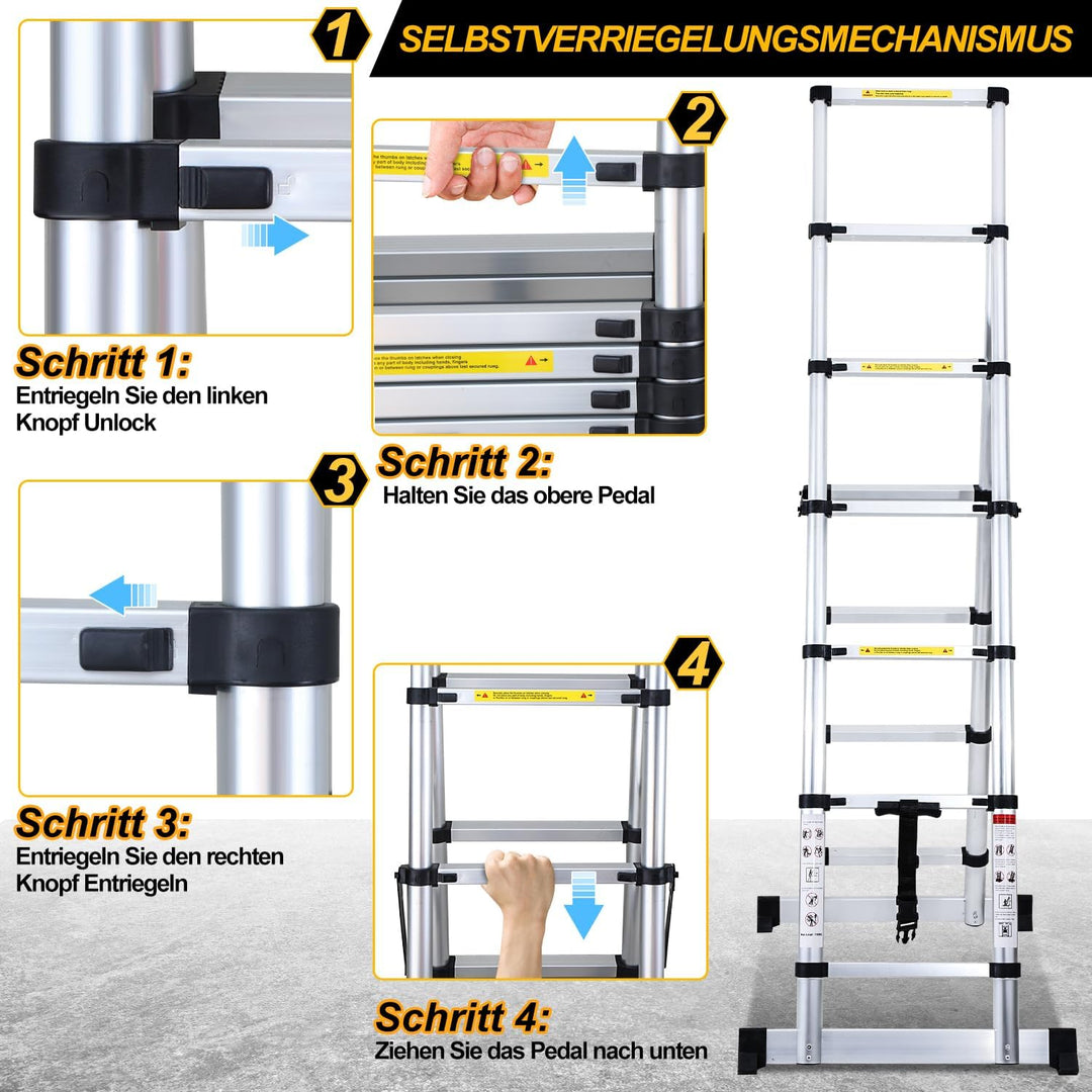 Fiqops 2.0M+2.3M Teleskopleiter 6 + 7 Stufen Klappleiter A-Rahmen Max Belastung 150 KG/330 Pfund, Al