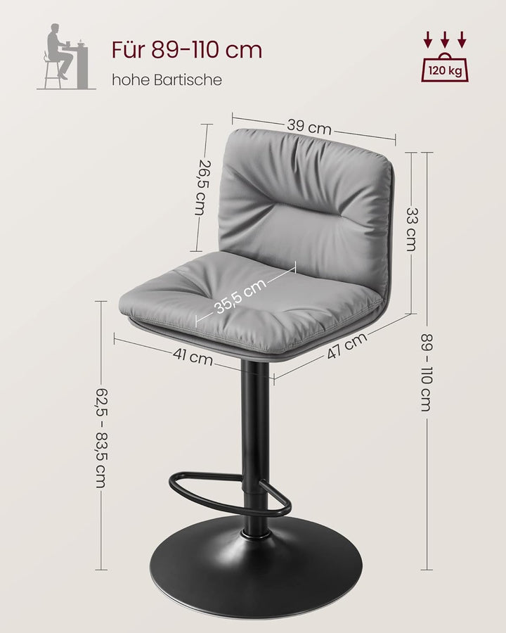 VASAGLE Barhocker 2er Set, Tresenhocker, höhenverstellbare Barstühle mit PU-Bezug, 360°drehbar, Küch