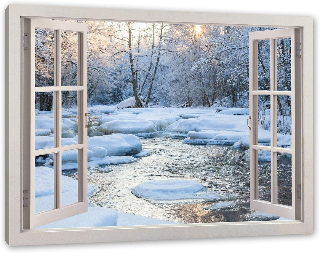 Pixxprint Bach in Winterlandschaft, Fenster Leinwandbild | Grösse: 100x70 cm | Wandbild | Kunstdruck