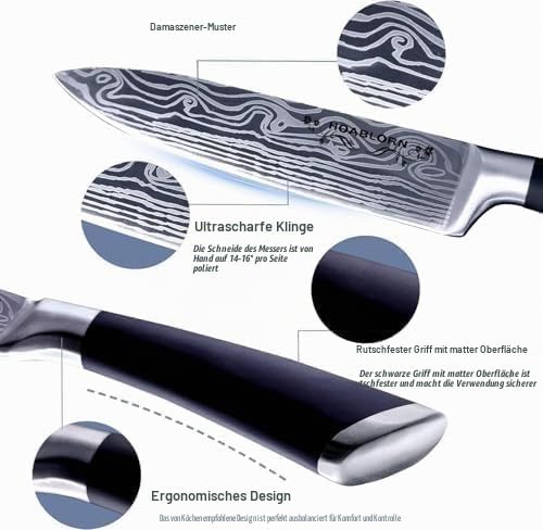 7-TLG Messerblock Set mit Holzblock, Selbstschärfend für Kochmesserset, Edelstahl Messerset Profi Kü