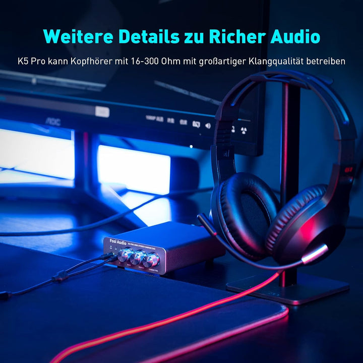 Fosi Audio K5 Pro Gaming DAC Kopfhörer Verstärker Mini Hi-Fi Stereo Digital-zu-Analog Audio Konverte