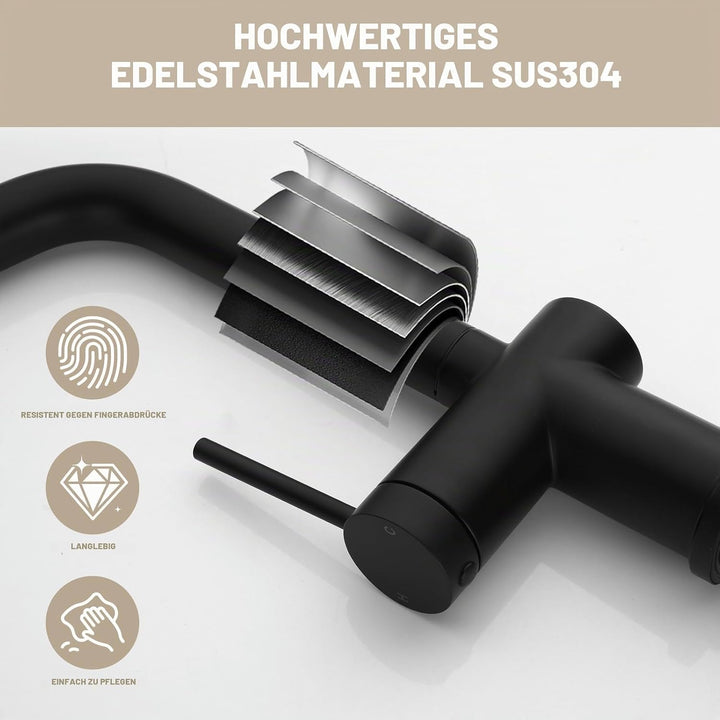 Wasserhahn Küche Schwarz, Hochdruck Küchenarmatur mit Herausziehbarer Brause Ausziehbar Armatur, Mis