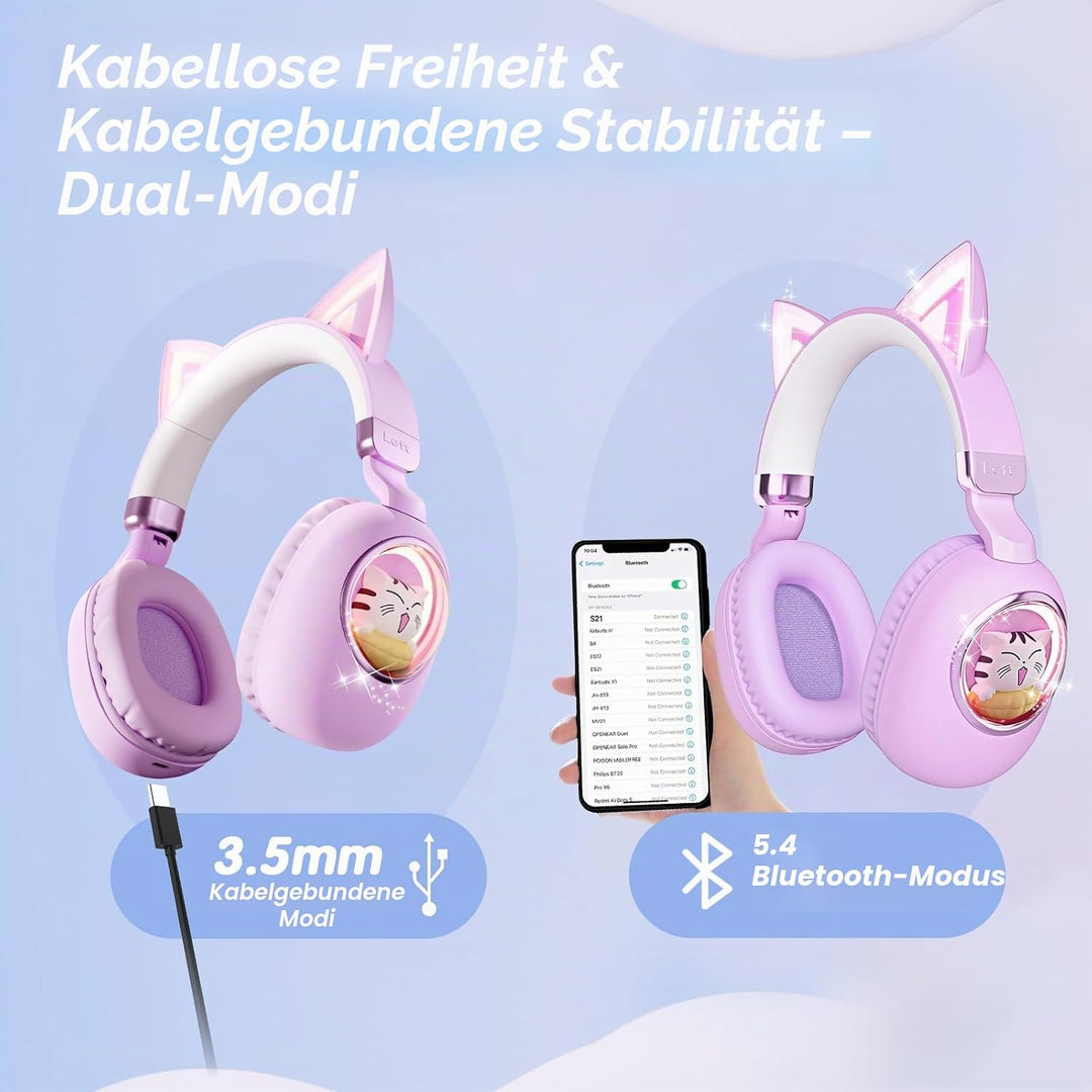 Kinder Kopfhörer mit Katzenohren, Bluetooth 5.4 Over-Ear Noise Cancelling Kopfhörer mit Mikrofon, LE