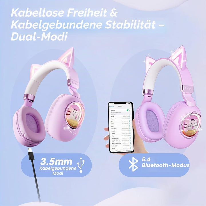 Kinder Kopfhörer mit Katzenohren, Bluetooth 5.4 Over-Ear Noise Cancelling Kopfhörer mit Mikrofon, LE