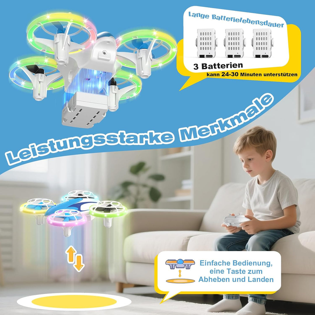 Mini Drone for Children from 6+, 3 Batteries, LED Quadcopter with 360° Flip Indoor Outdoor (Blau), B