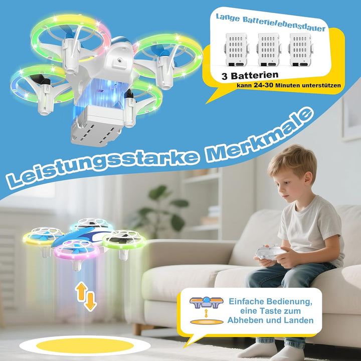 Mini Drone for Children from 6+, 3 Batteries, LED Quadcopter with 360° Flip Indoor Outdoor (Blau), B