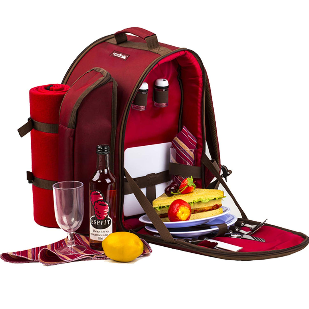 Apollowalker, roter Picknickrucksack für 2 Personen, Korb mit Kühltasche, inkl. Geschirr und, Rot
