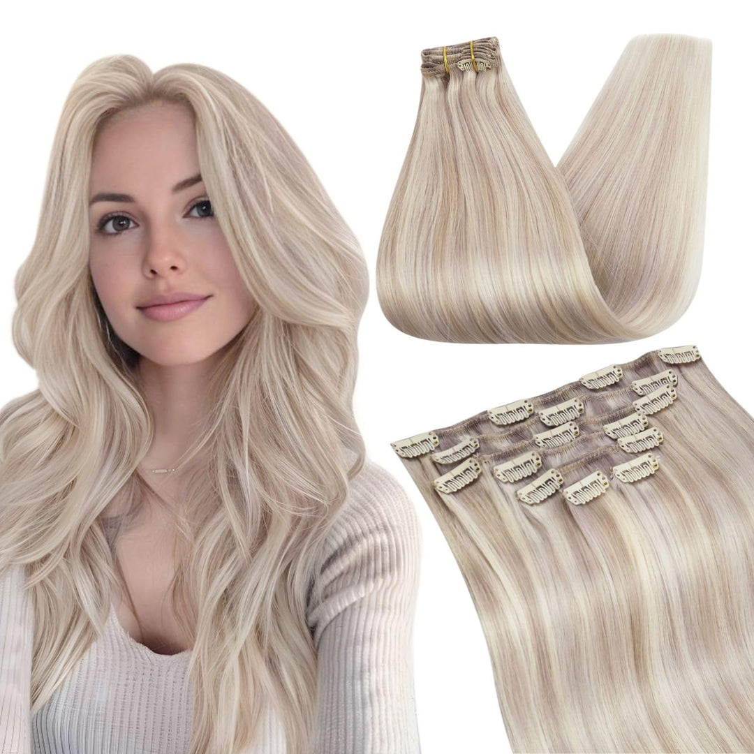 Ugeat Clip in Extensions 50cm Blond Echthaar Extensions Clip Haarverlängerung Echthaar Aschblond mit