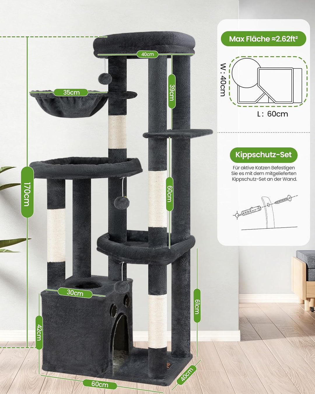 Kratzbaum Gross, Kratzbaum Grosse Katzen Stabil 170 cm hoch - Katzenbaum XL, Mehrstöckiger Katzenbau