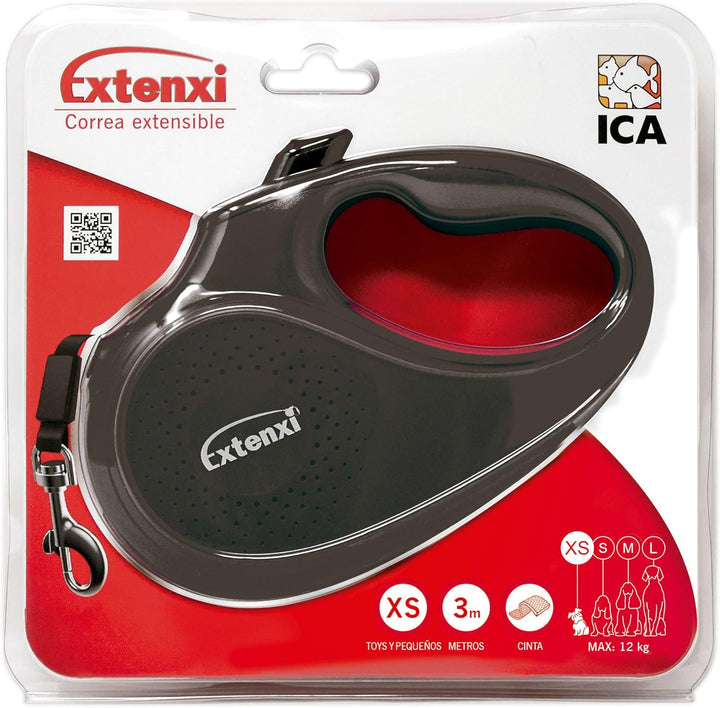 ICA Hundeleine, einziehbar, bis 12 kg, Länge 3 m, ergonomischer und sicherer Griff (Schwarz, XS) Sch