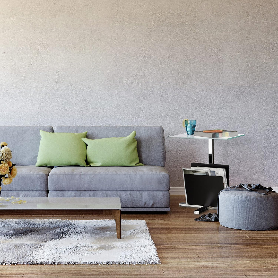 Relaxdays Beistelltisch mit Zeitungsständer, Metall, Glas Couchtisch, Zeitungsablage, HxBxT: 53 x 46