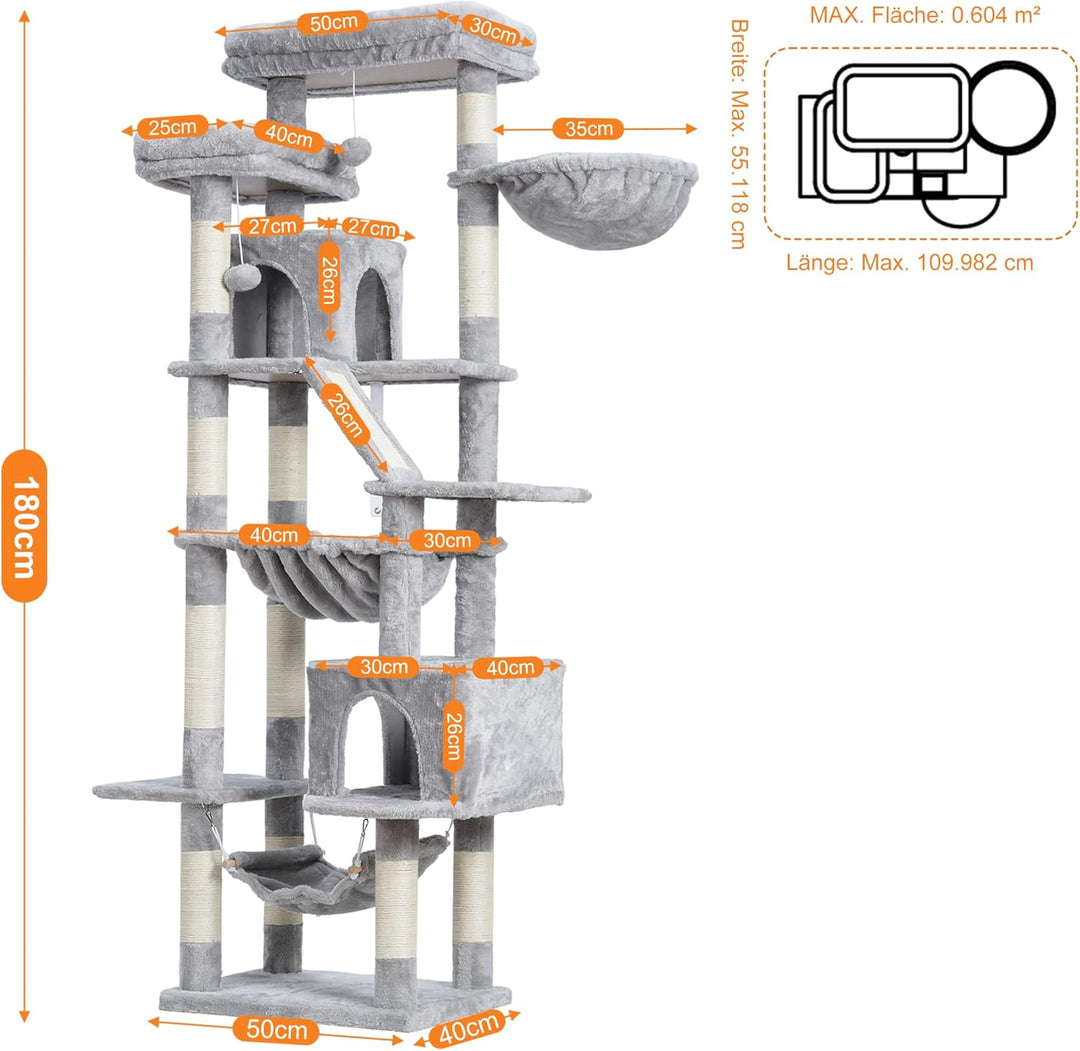 Heybly Kratzbaum, 180 cm Hoher Katzenturm für Wohnungskatzen mit 2 Plattformen, 2 Grossen Schlafhäus