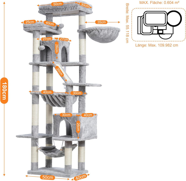 Heybly Kratzbaum, 180 cm Hoher Katzenturm für Wohnungskatzen mit 2 Plattformen, 2 Grossen Schlafhäus