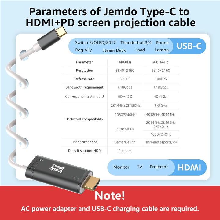 JEMDO Switch 2 Dock HDMI Kabel für Fernseher, 4K 60Hz 18 Gbps USB C zu HDMI 2.0 2m, 100W PD Spielen