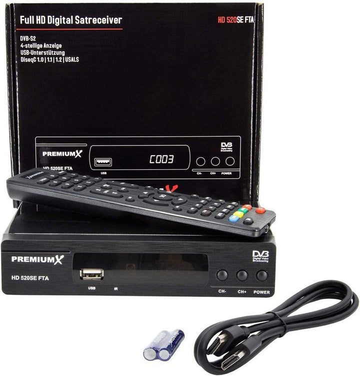 PremiumX Satelliten-Receiver HD 520SE FTA Digital SAT TV Receiver DVB-S2 FullHD HDMI SCART 2X USB Mu