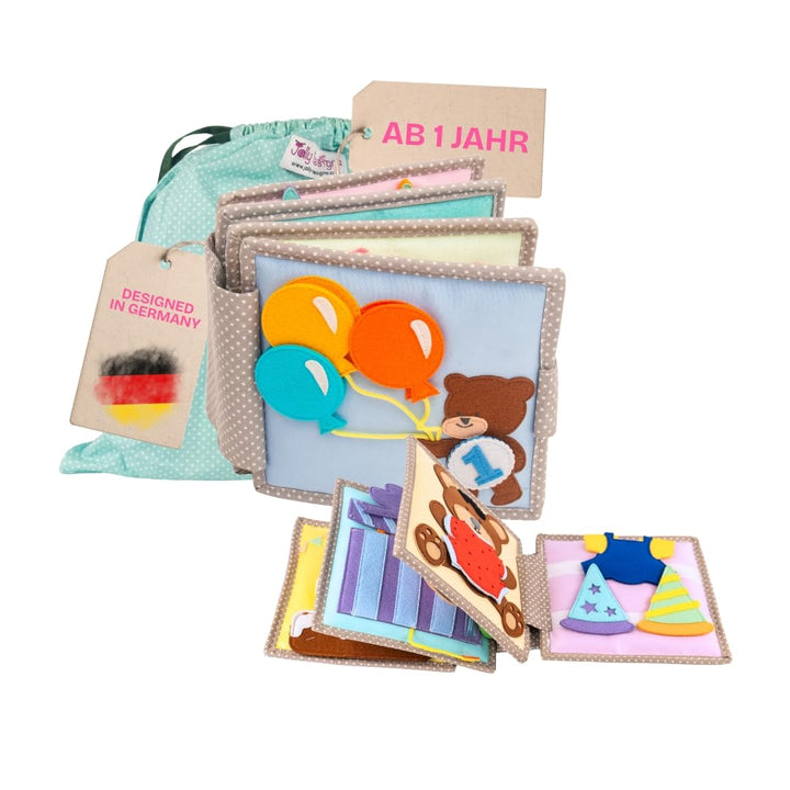 Jolly Designs – Happy Bearsday - 6 Seiten Mini Quiet Book – Montessori Spielzeug ab 1 Jahr – Motorik