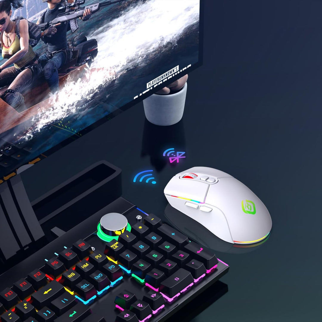 Kabellose Gaming Maus, Dual Mode 2.4GHz/Bluetooth 5.1 Maus Gaming, RGB LED Hintergrundbeleuchtung, E